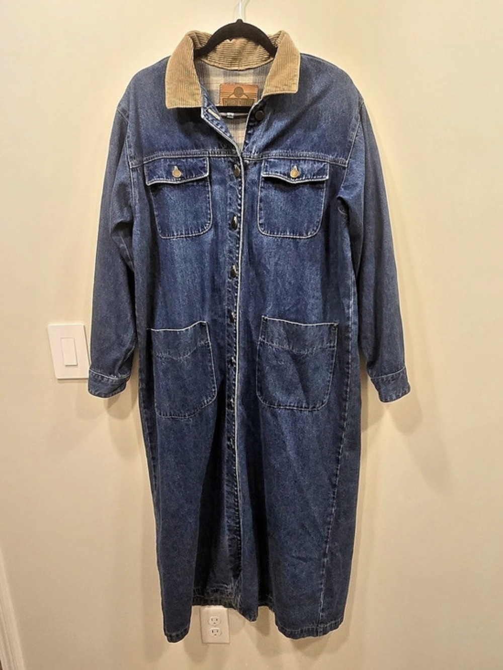 VTG 90s Gotcha Covered Lodgewear Denim Maxi Duster Coat Dress Corduroy Collar